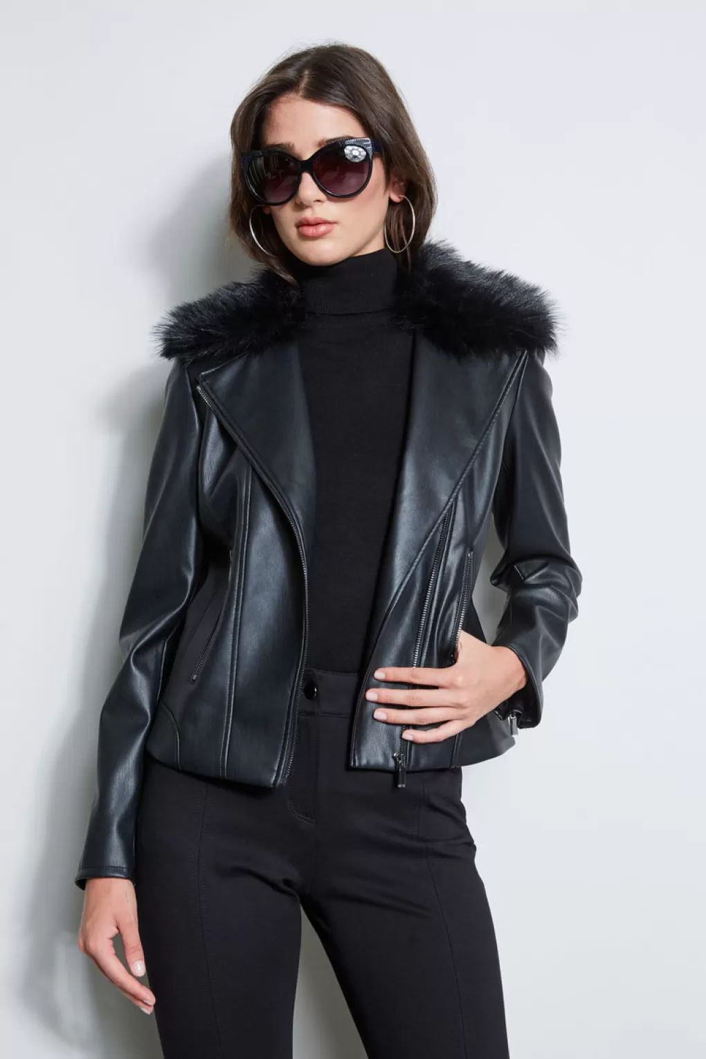 Fashion Elie Tahari Faux Fur Collar Moto Jacket BLACK