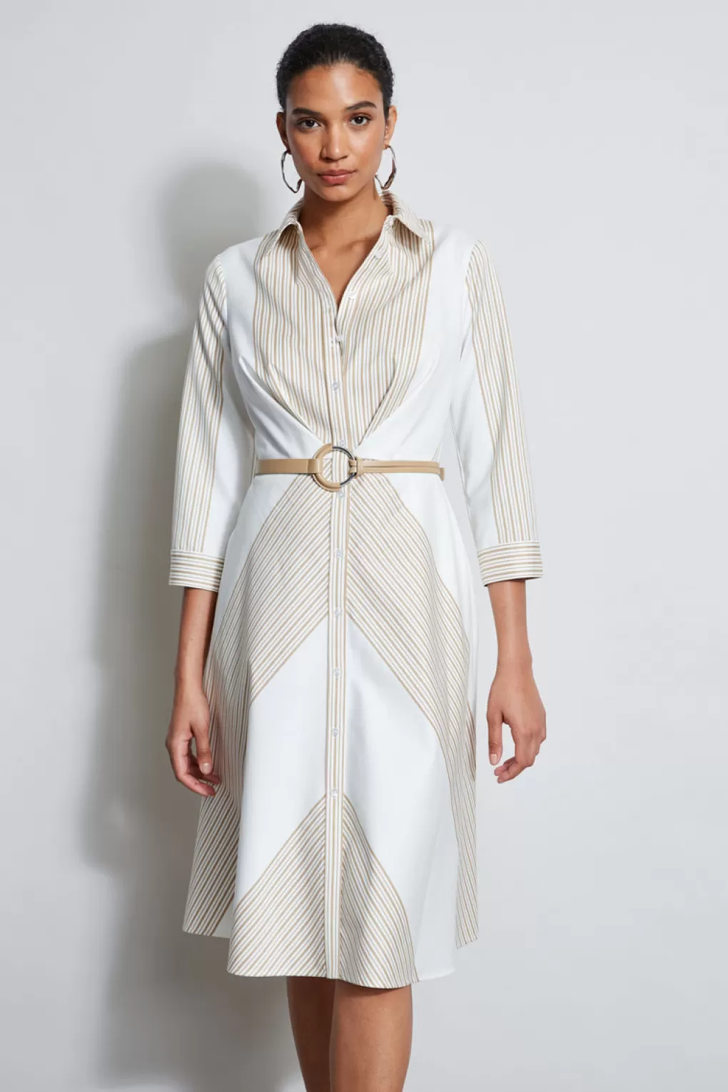 Discount Elie Tahari Fit & Flare Stripe Cotton Dress BIRCH PEARL