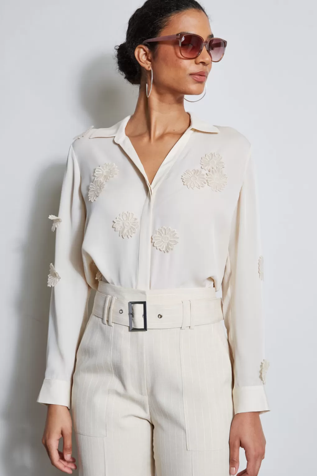 Best Sale Elie Tahari Floral Applique Shirt IVORY/IVORY