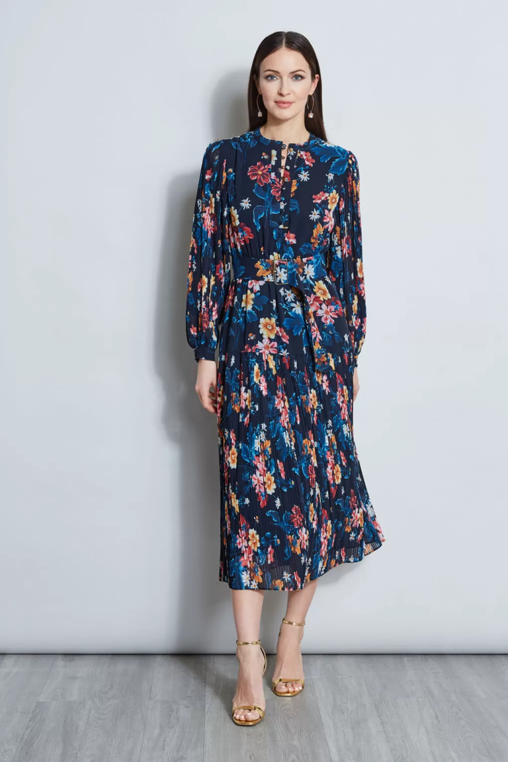 Outlet Elie Tahari Floral Belted Pleated Midi Dress PARADISE PRINT