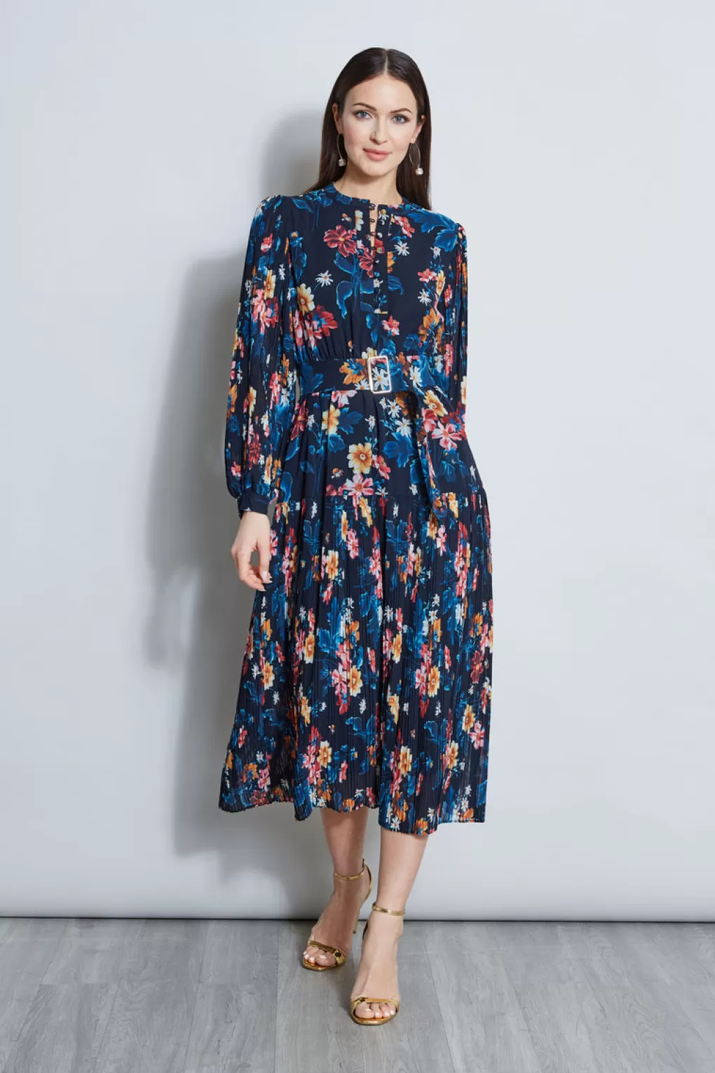 Outlet Elie Tahari Floral Belted Pleated Midi Dress PARADISE PRINT