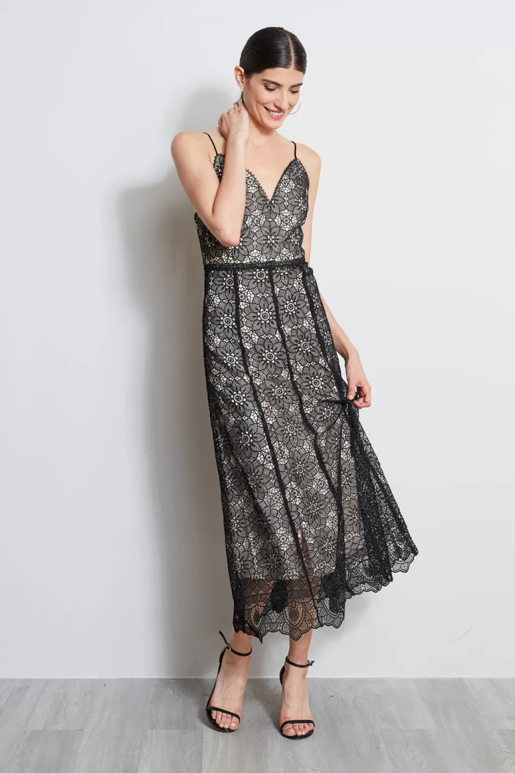 Best Sale Elie Tahari Floral Lace Midi Dress BLACK