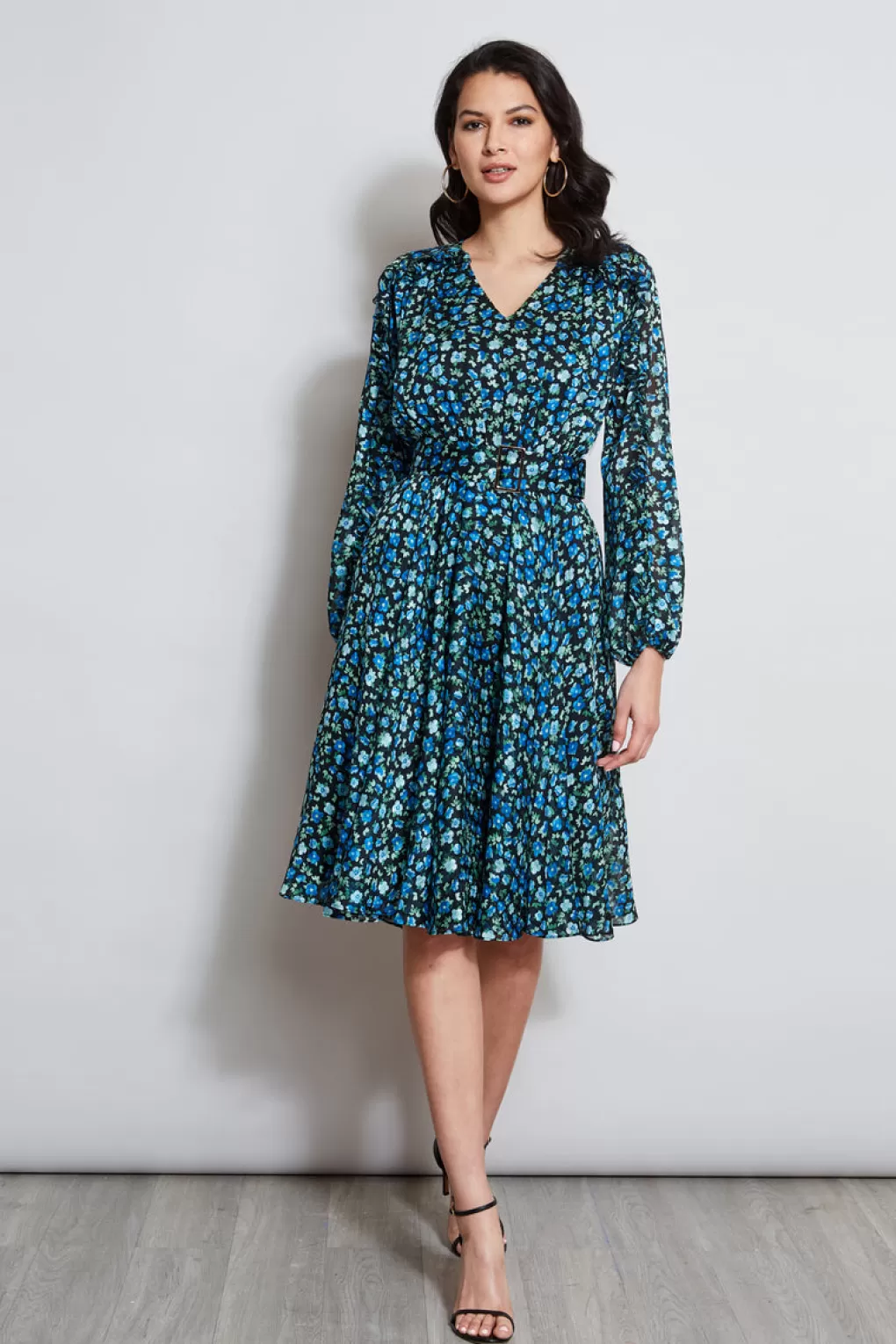 Outlet Elie Tahari Floral Long Sleeve Belted Dress FORGET ME NOT PRINT