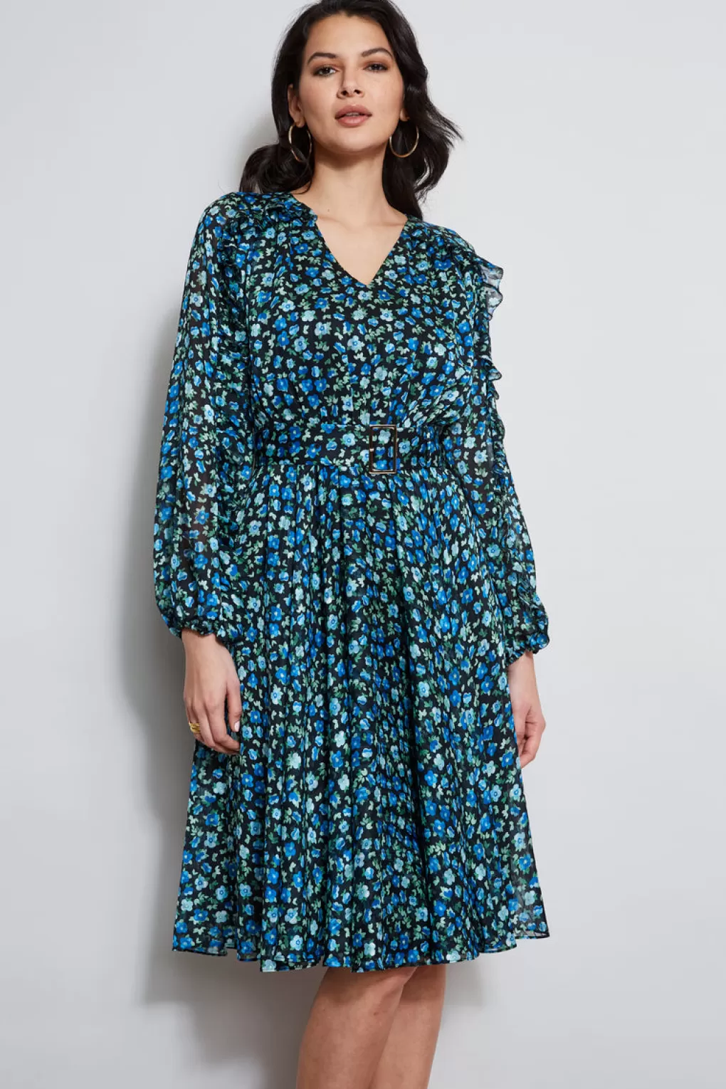 Outlet Elie Tahari Floral Long Sleeve Belted Dress FORGET ME NOT PRINT