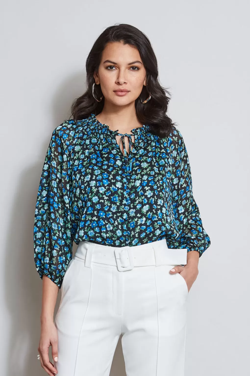 Clearance Elie Tahari Floral Neck Tie Shirt FORGET ME NOT PRINT