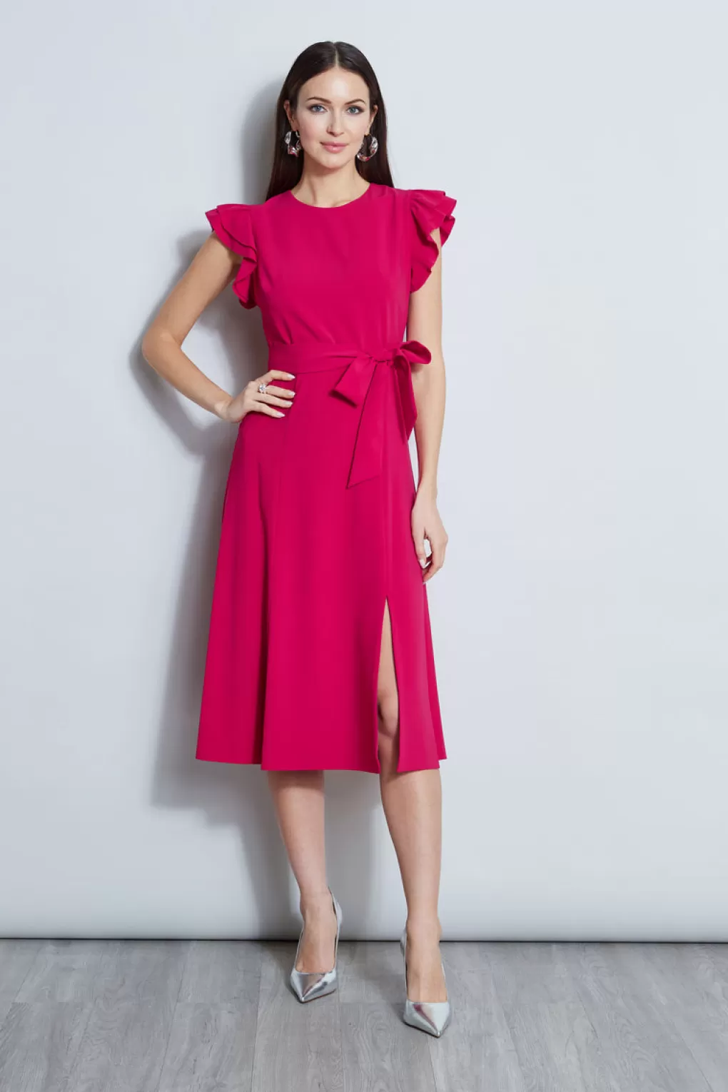 Store Elie Tahari Flutter Sleeve Midi Dress CYCLAMEN