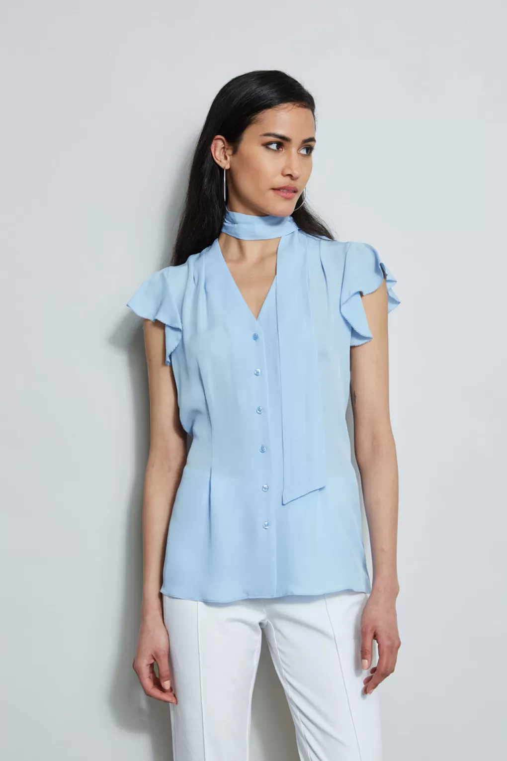 Clearance Elie Tahari Flutter Sleeve Tie Shirt WATER BLUE