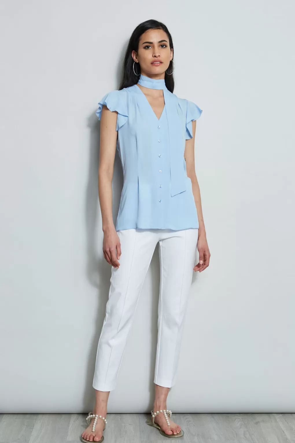 Clearance Elie Tahari Flutter Sleeve Tie Shirt WATER BLUE