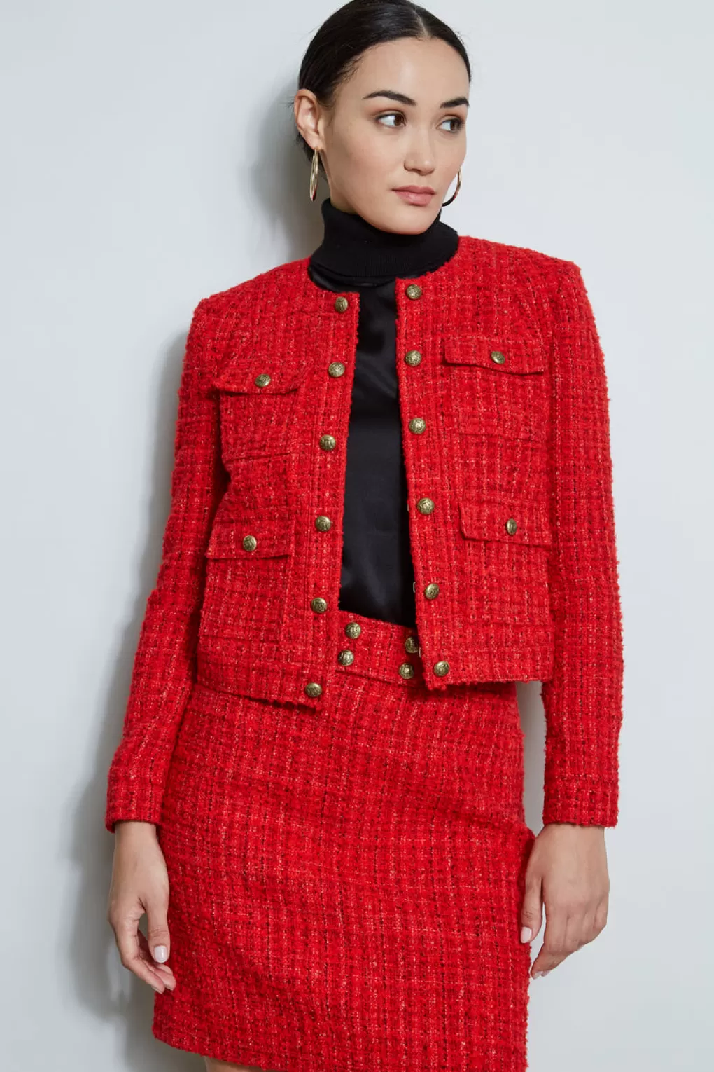 Discount Elie Tahari French Tweed Button Jacket FLAME RED