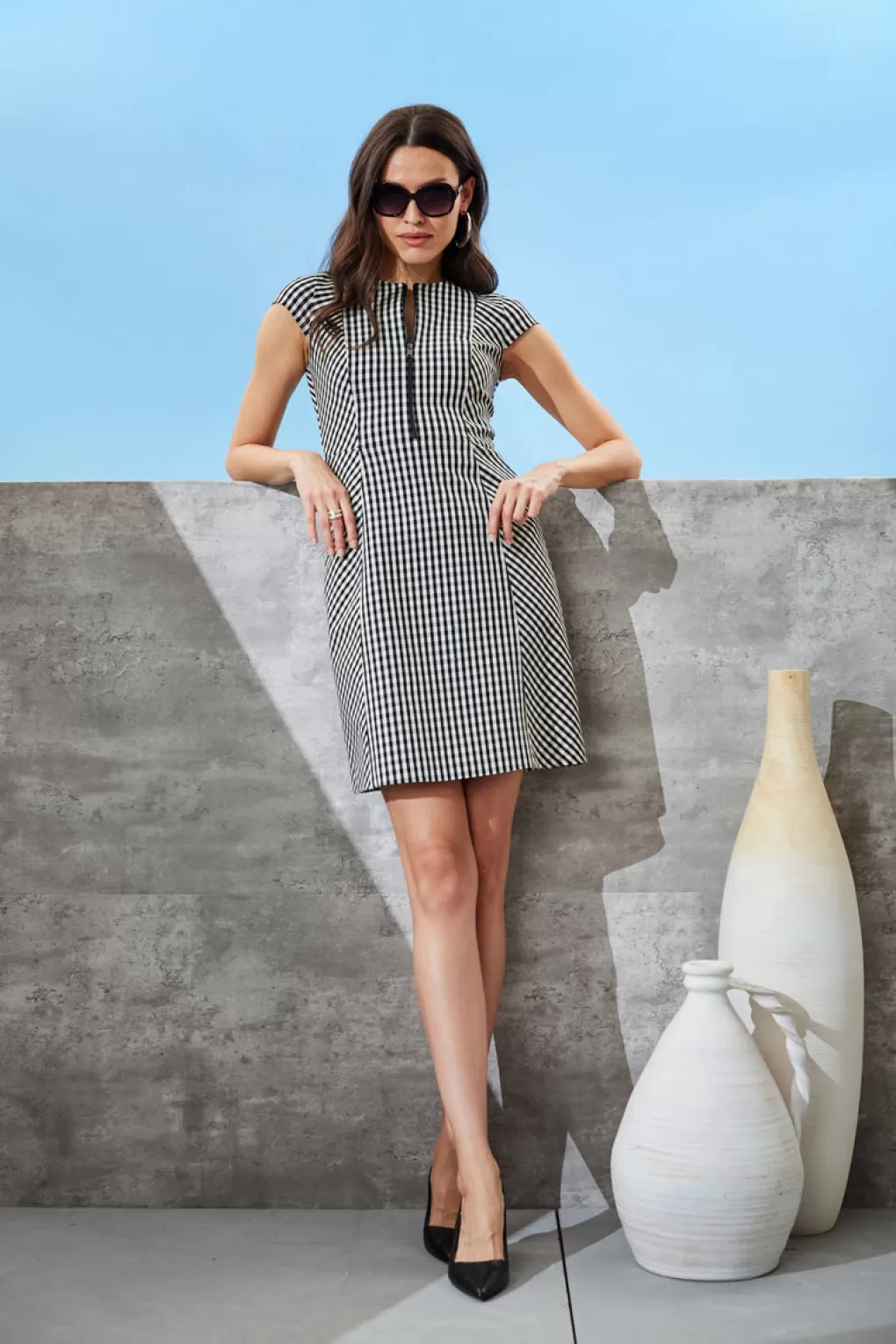 Shop Elie Tahari Gingham Fit & Flare Dress BLACK-WHITE