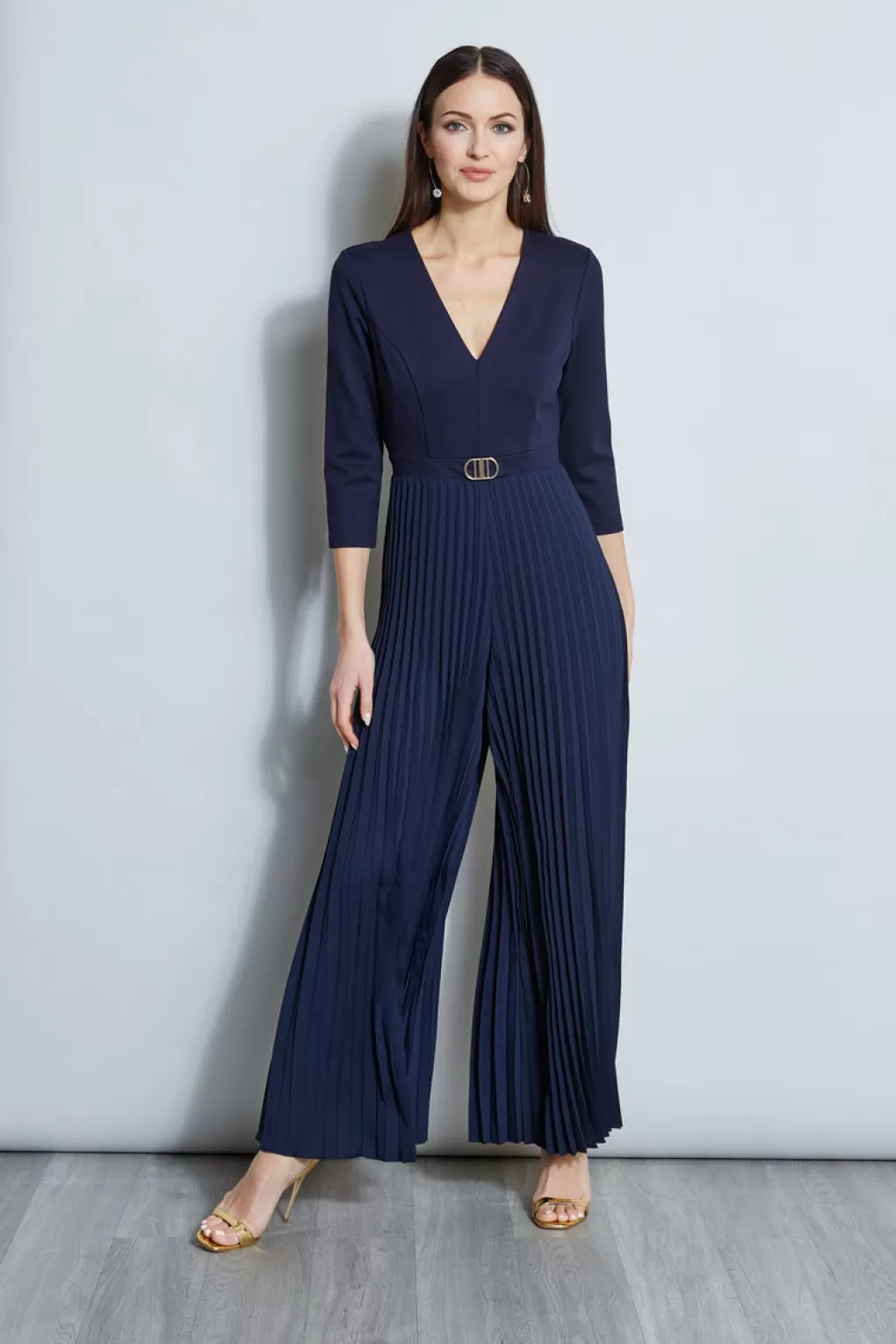 Best Sale Elie Tahari Knit Bodice Pleated Jumpsuit PEACOAT