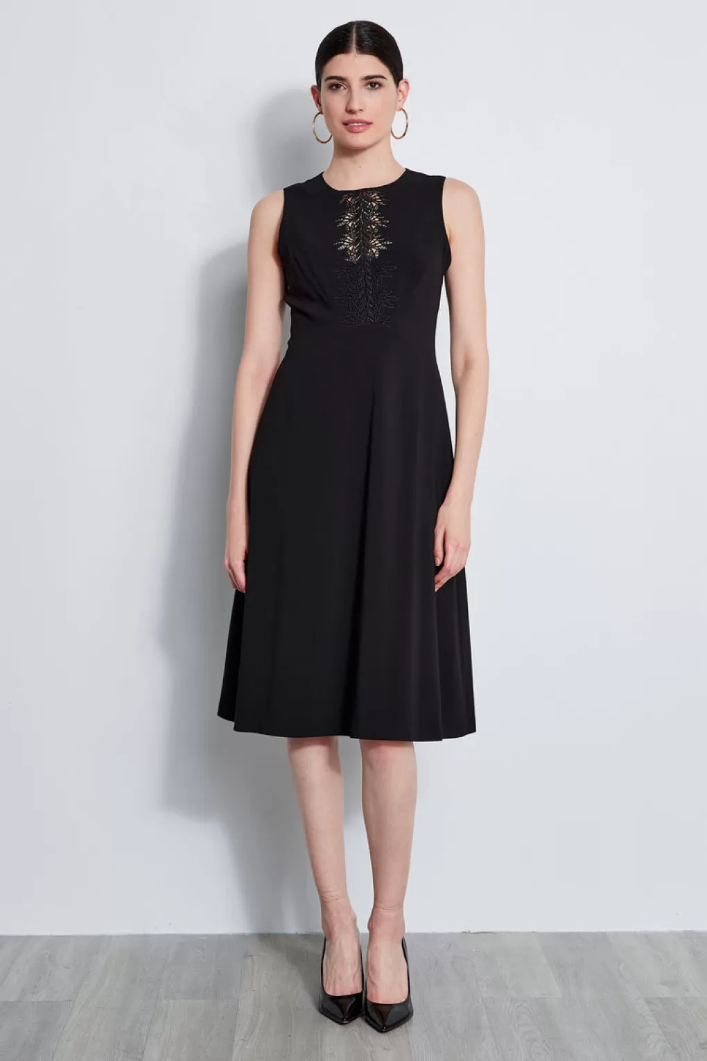 Clearance Elie Tahari Lace Applique Midi Dress BLACK