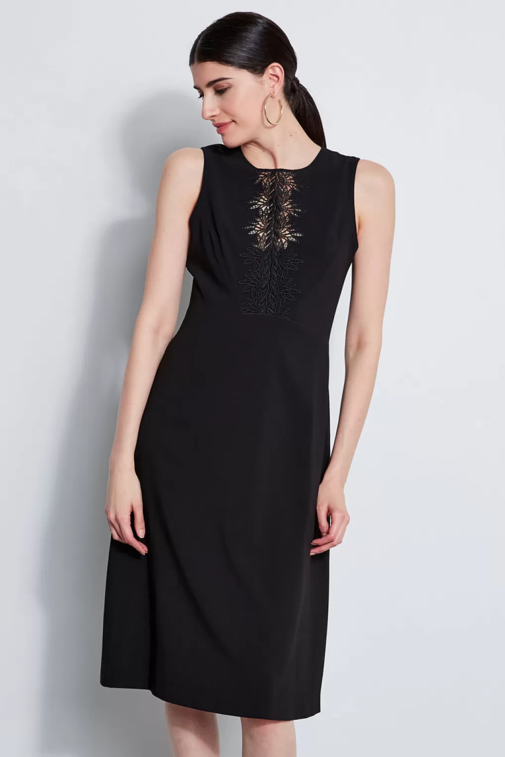 Clearance Elie Tahari Lace Applique Midi Dress BLACK