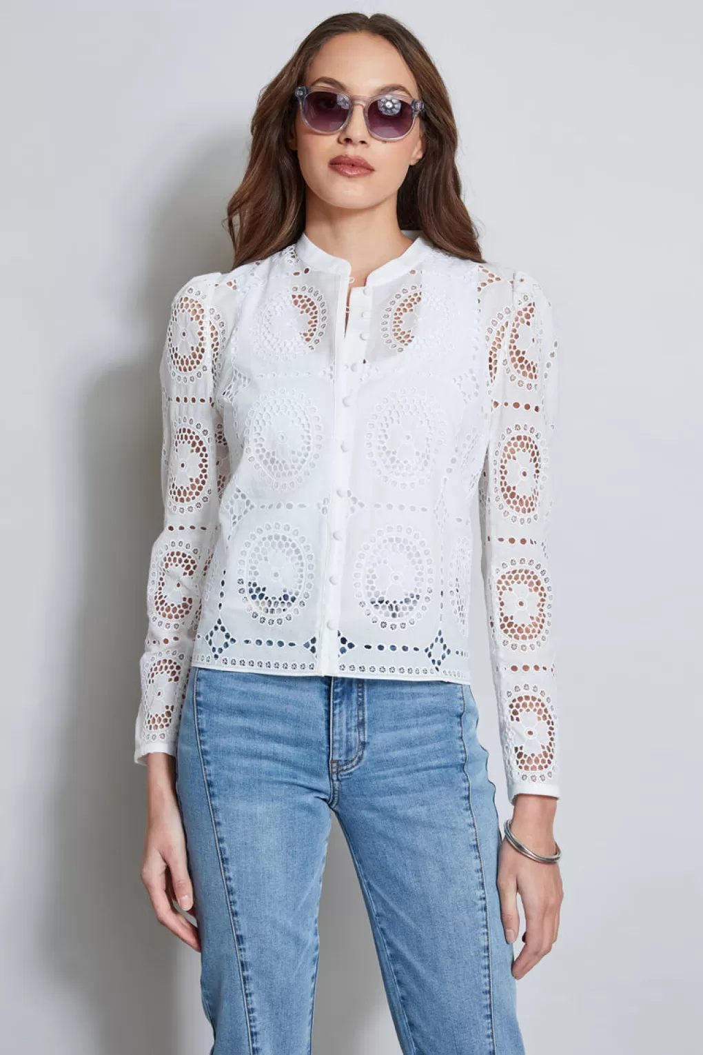 Best Sale Elie Tahari Lace Button Shirt PEARL