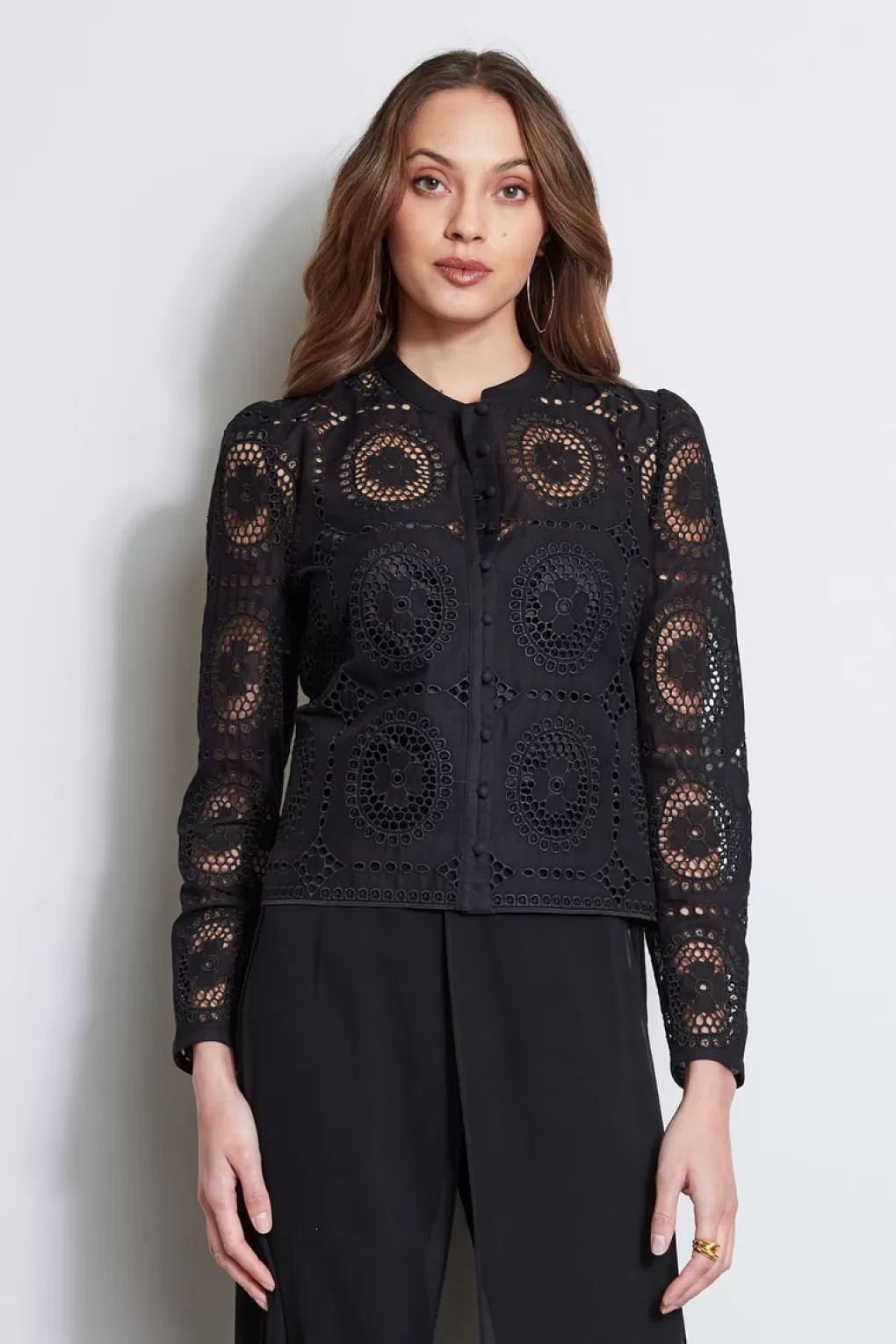 Clearance Elie Tahari Lace Button Shirt BLACK