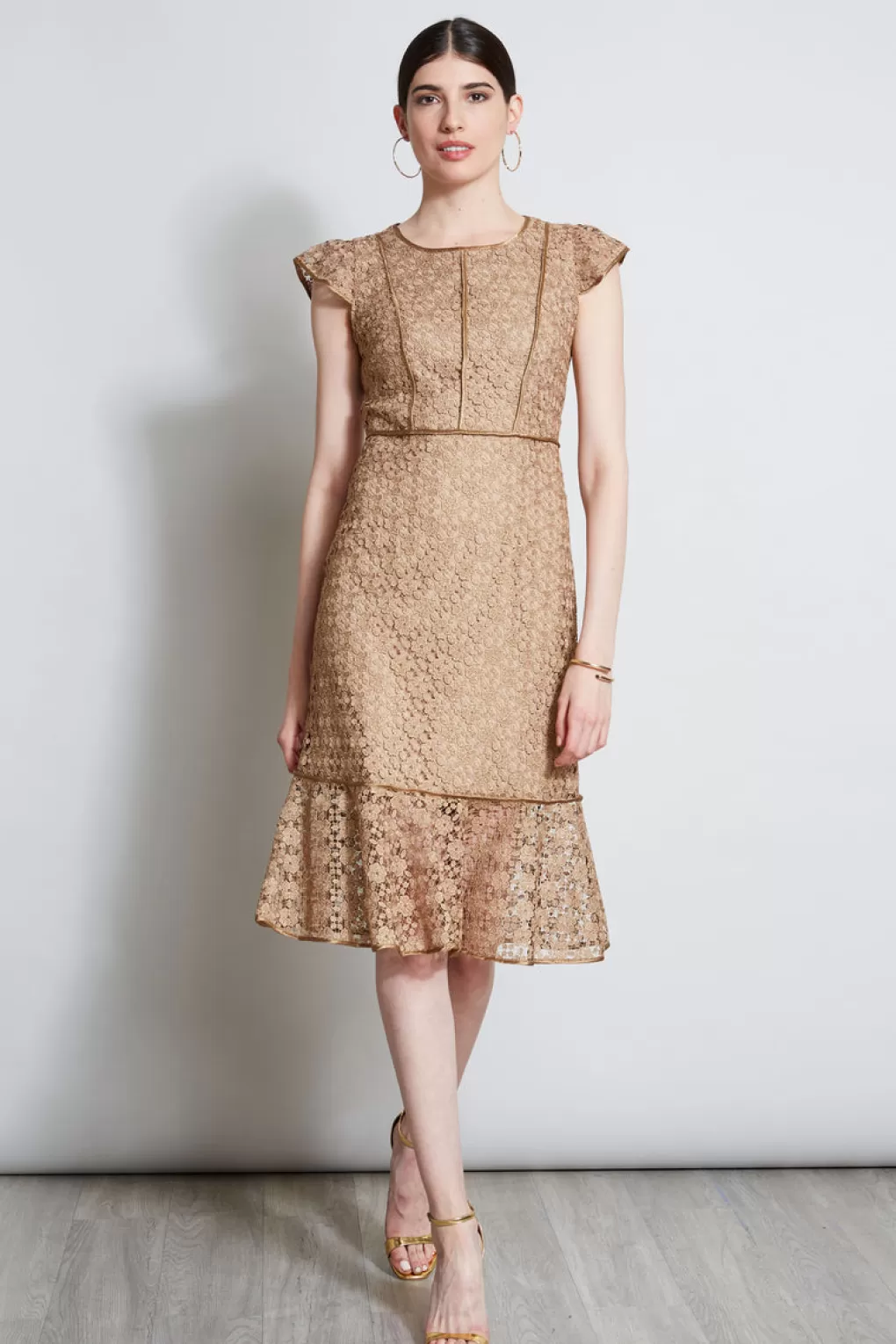 Fashion Elie Tahari Lace Flutter Sleeve Dress GOLD