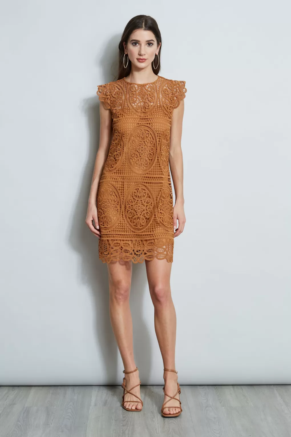 Store Elie Tahari Lace Flutter Sleeve Dress CARAMEL