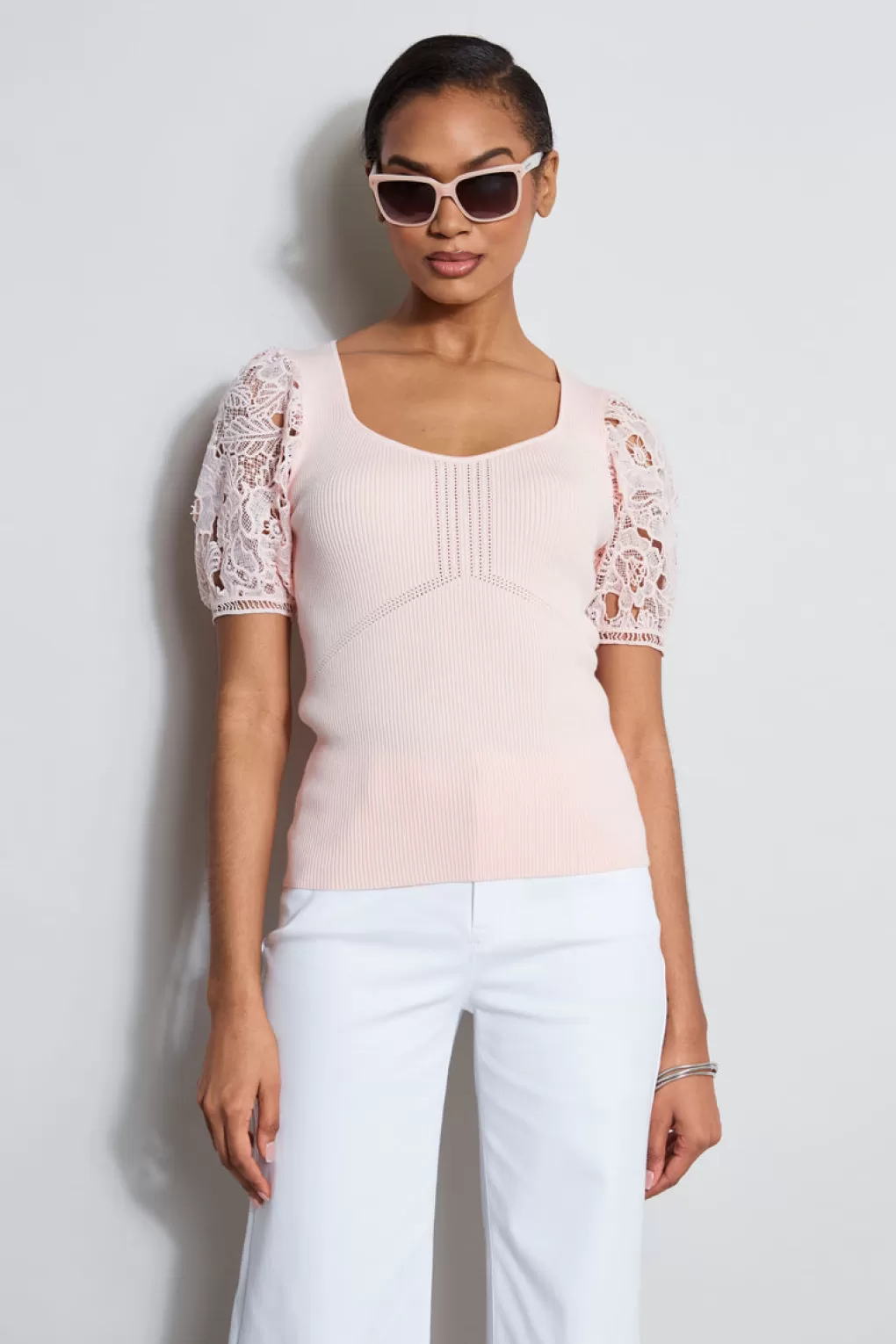 Shop Elie Tahari Lace Sleeve Sweater PINK FIZZ