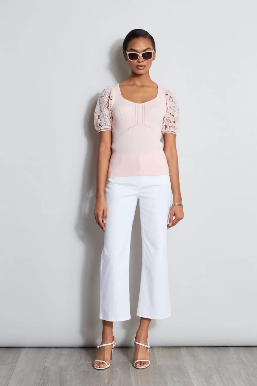 Shop Elie Tahari Lace Sleeve Sweater PINK FIZZ