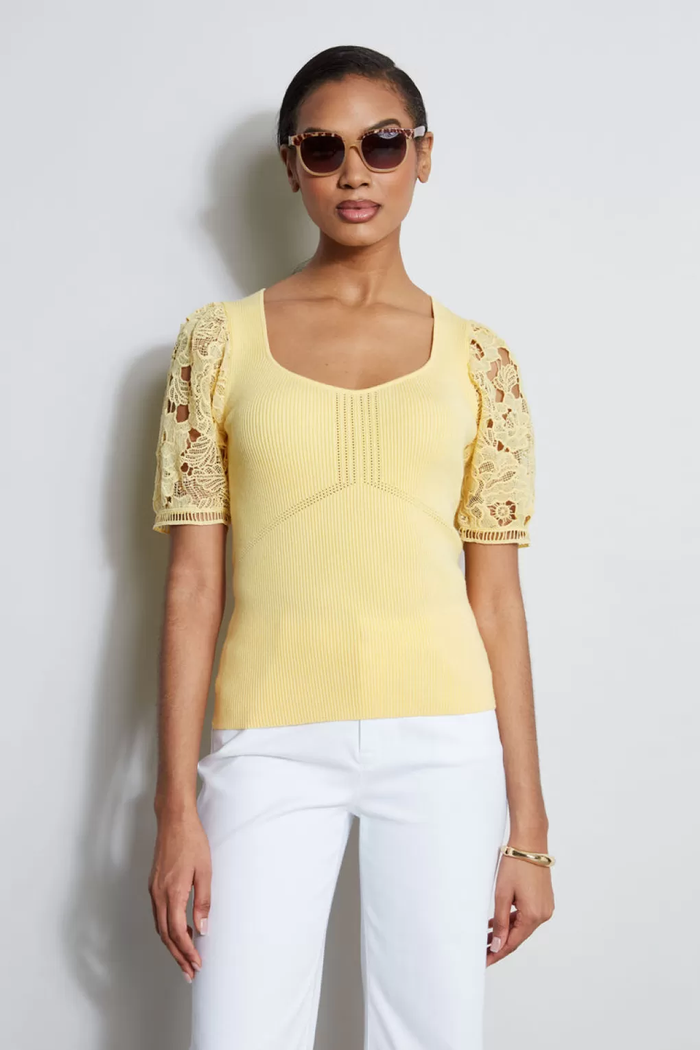 Clearance Elie Tahari Lace Sleeve Sweater CANDLE YELLOW