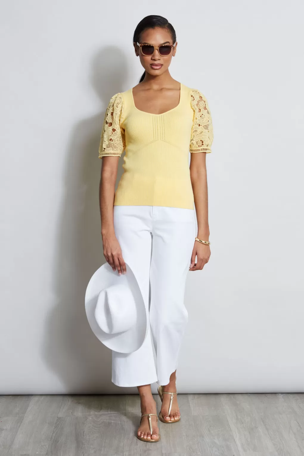 Clearance Elie Tahari Lace Sleeve Sweater CANDLE YELLOW