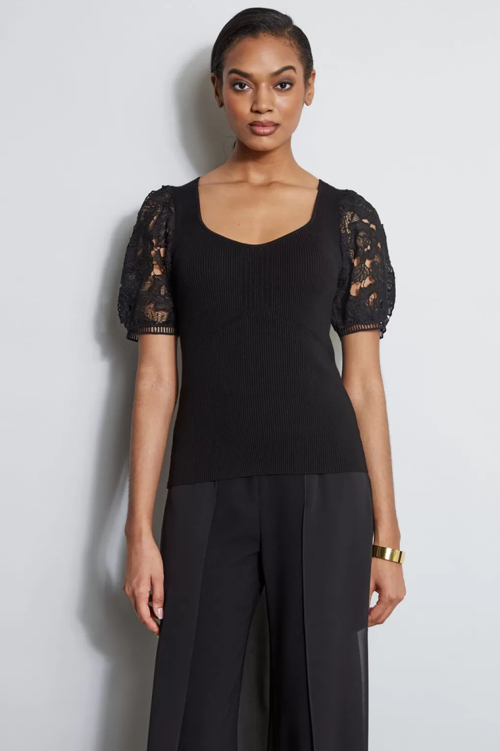 Online Elie Tahari Lace Sleeve Sweater NOIR