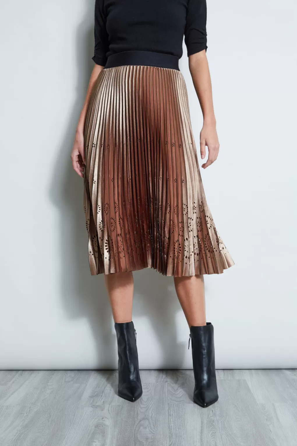 Shop Elie Tahari Lasercut Satin Pleated Skirt BRONZE-BLACK