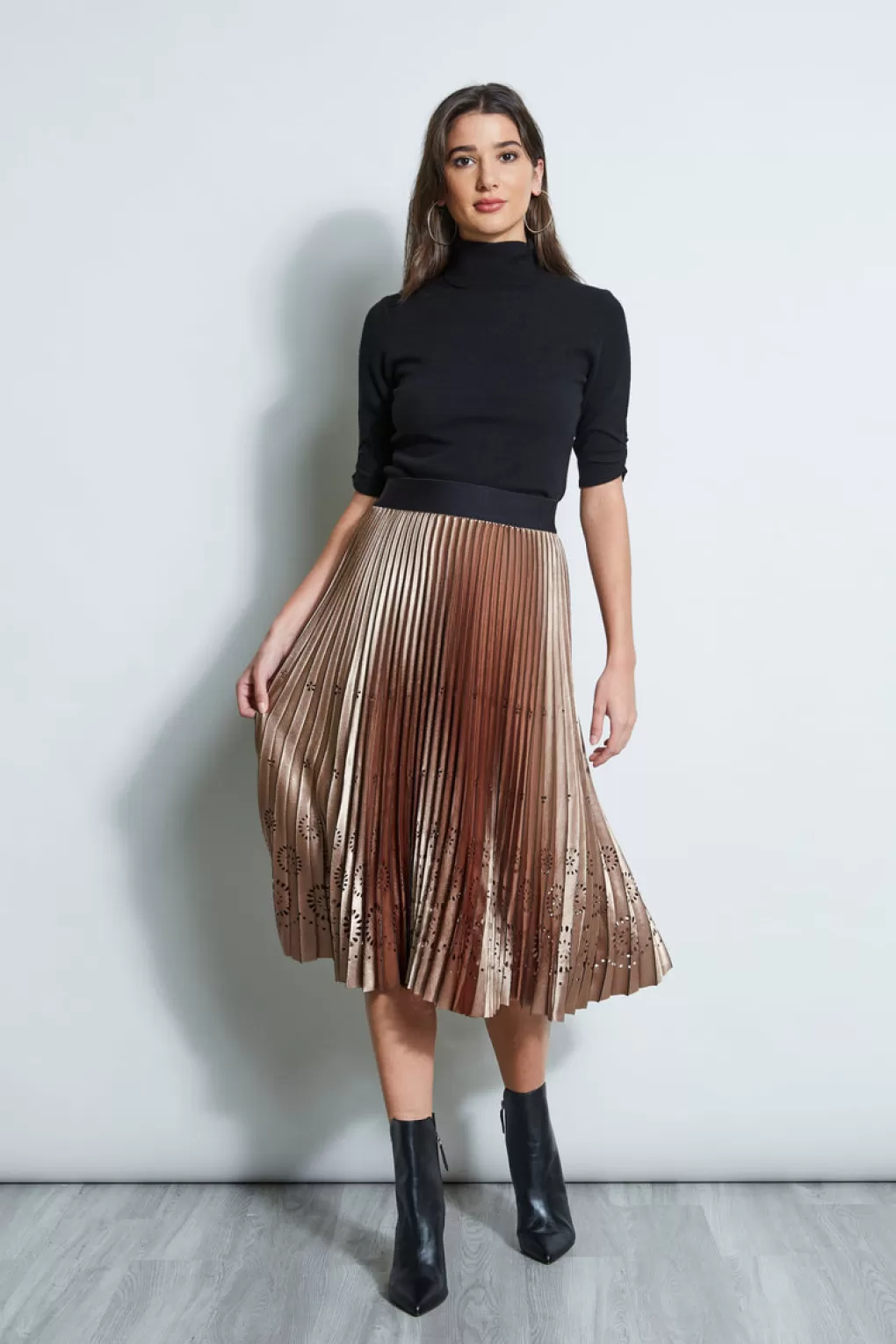 Shop Elie Tahari Lasercut Satin Pleated Skirt BRONZE-BLACK