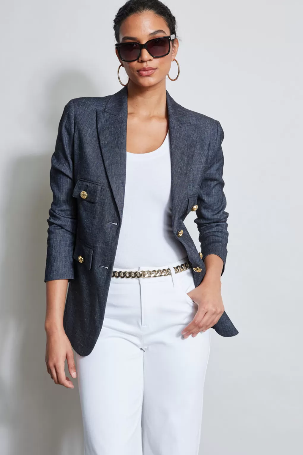 Hot Elie Tahari Linen Crest Button Blazer DENIM