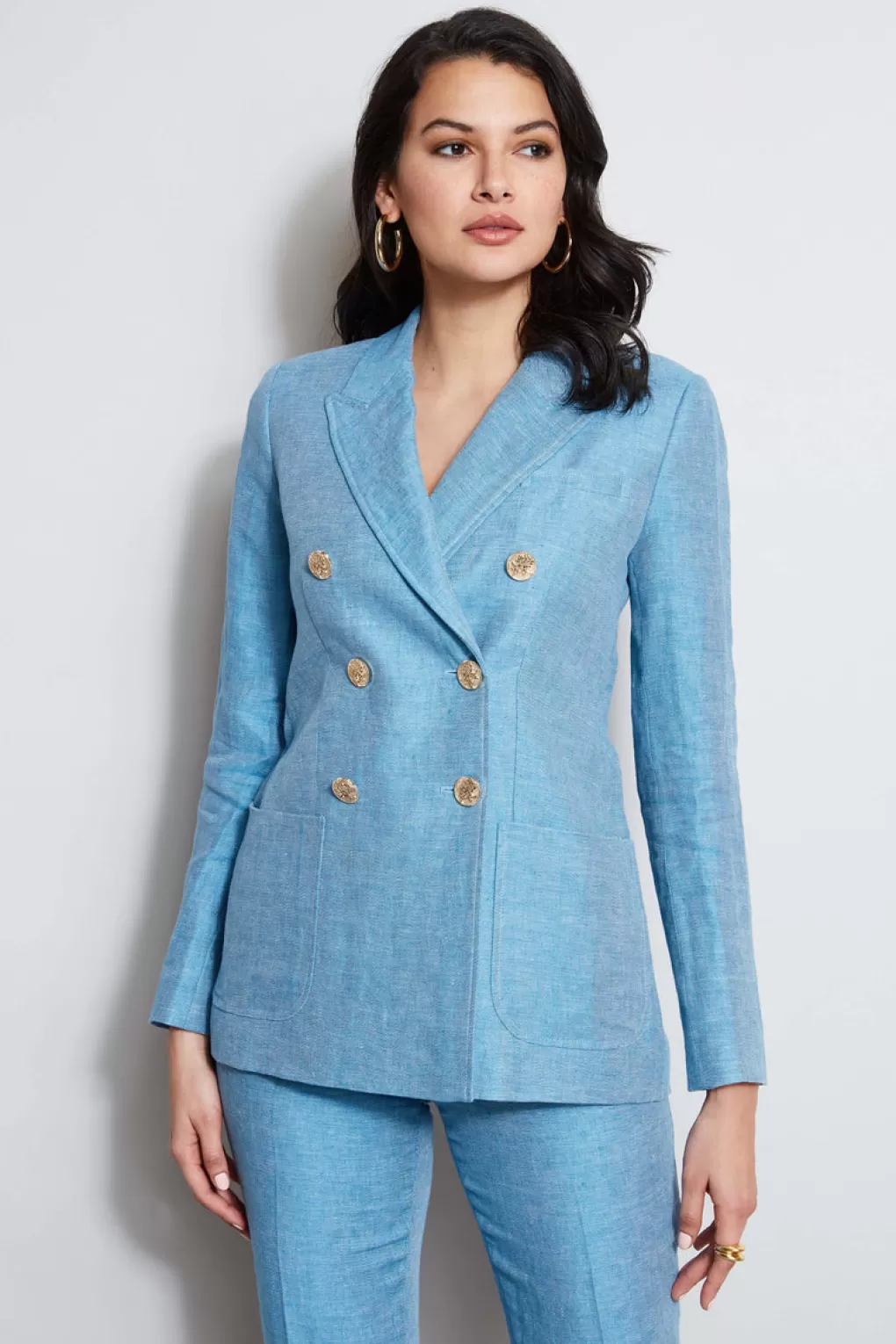 Clearance Elie Tahari Linen Double Breasted Blazer BLUE BEYOND