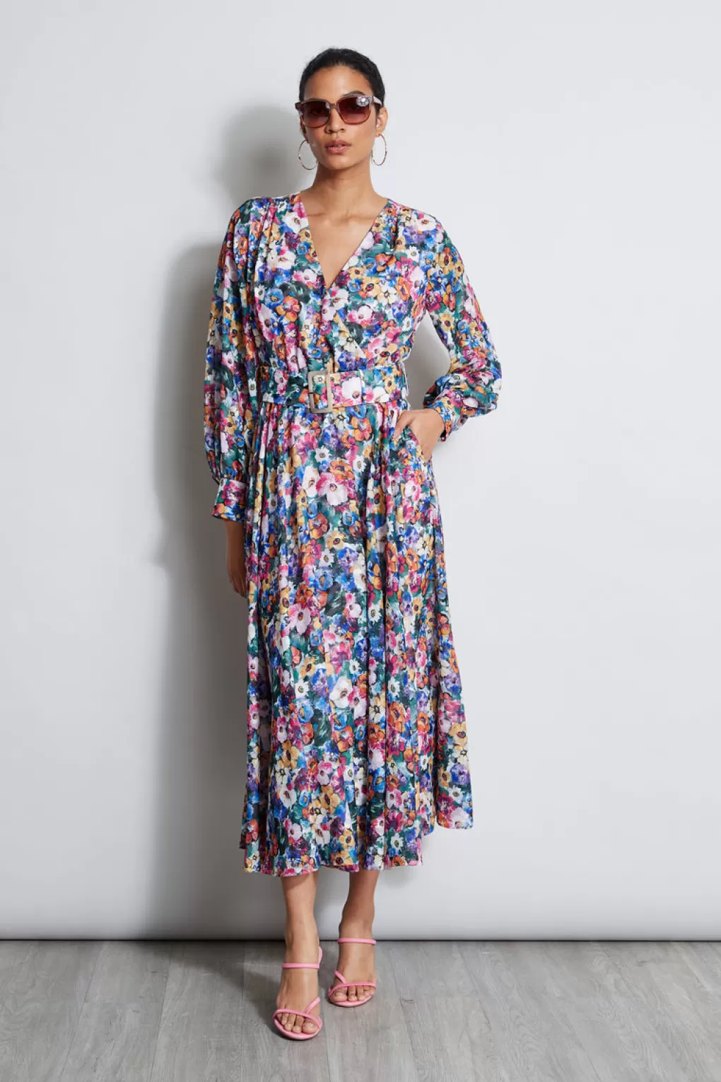 Flash Sale Elie Tahari Long Sleeve Floral Belted Dress CAMELLIA FLORAL