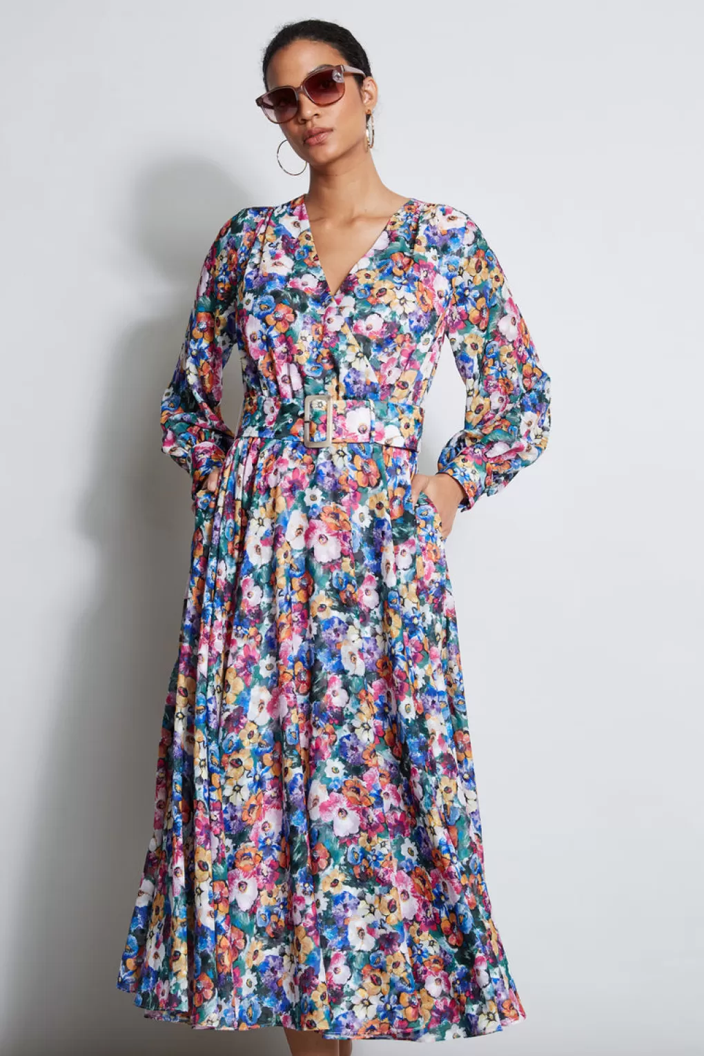 Flash Sale Elie Tahari Long Sleeve Floral Belted Dress CAMELLIA FLORAL