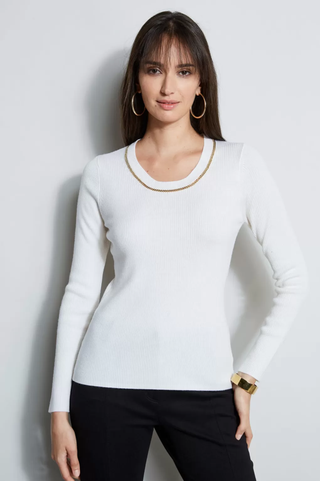 Clearance Elie Tahari Merino Rib Chain Detail Sweater SNOW