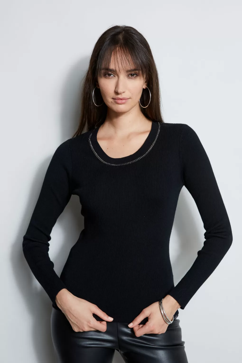 Discount Elie Tahari Merino Rib Chain Detail Sweater BLACK