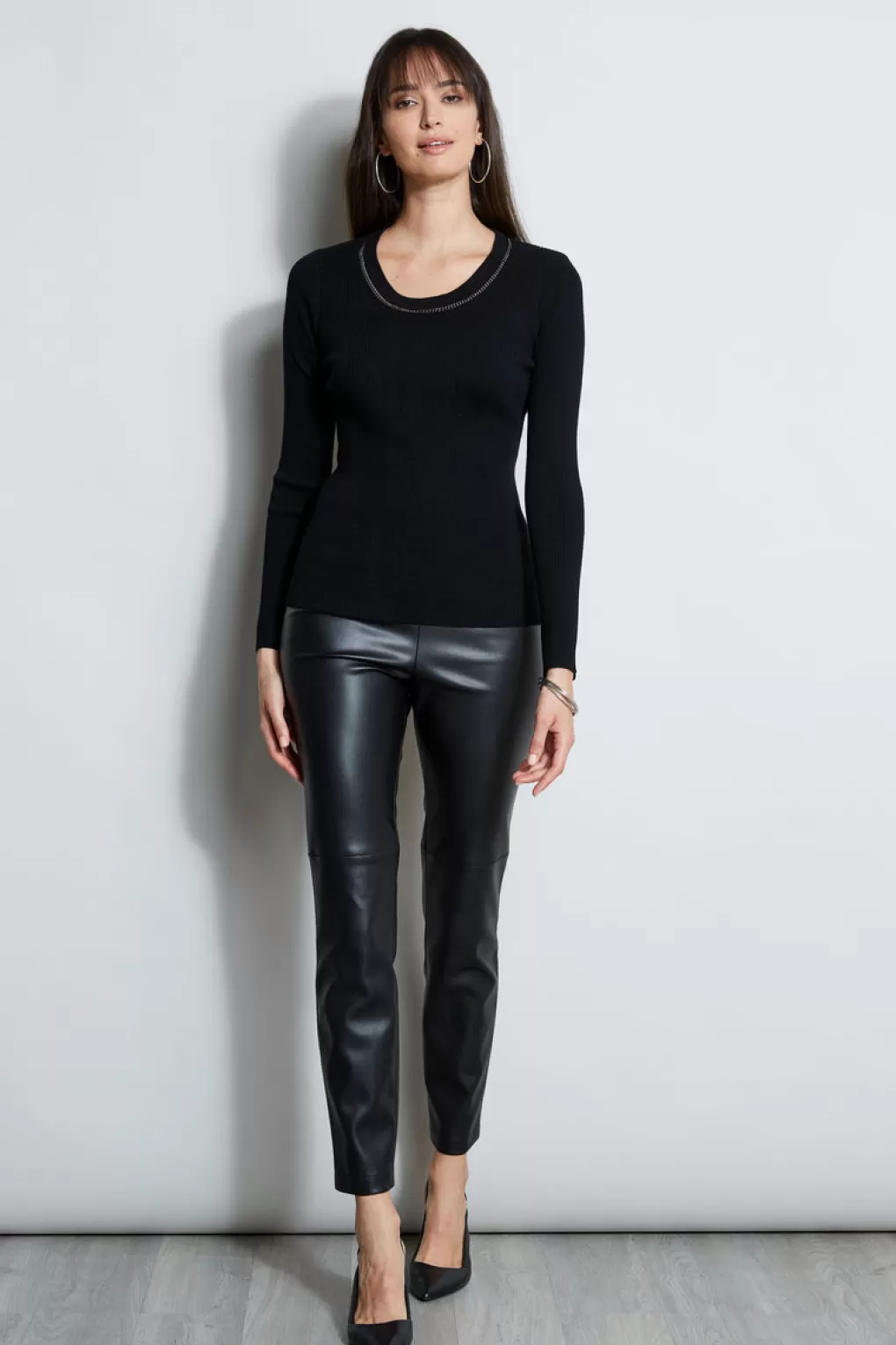 Discount Elie Tahari Merino Rib Chain Detail Sweater BLACK