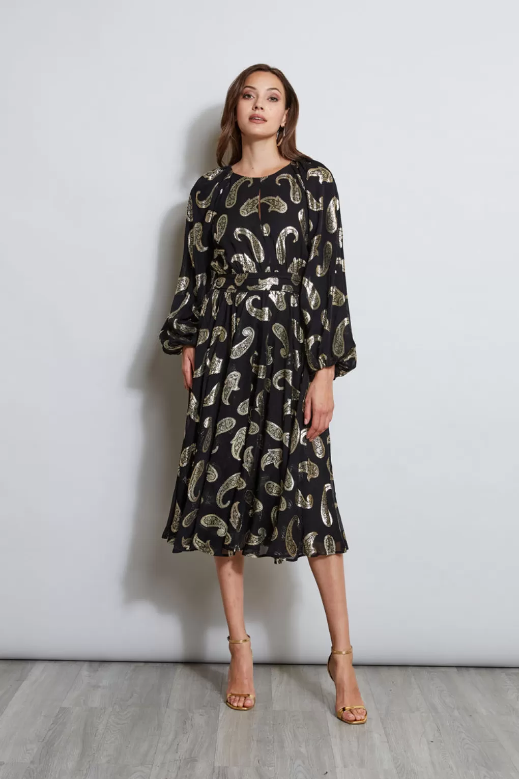 Clearance Elie Tahari Metallic Paisley Jacquard Dress BRUSHED GOLD