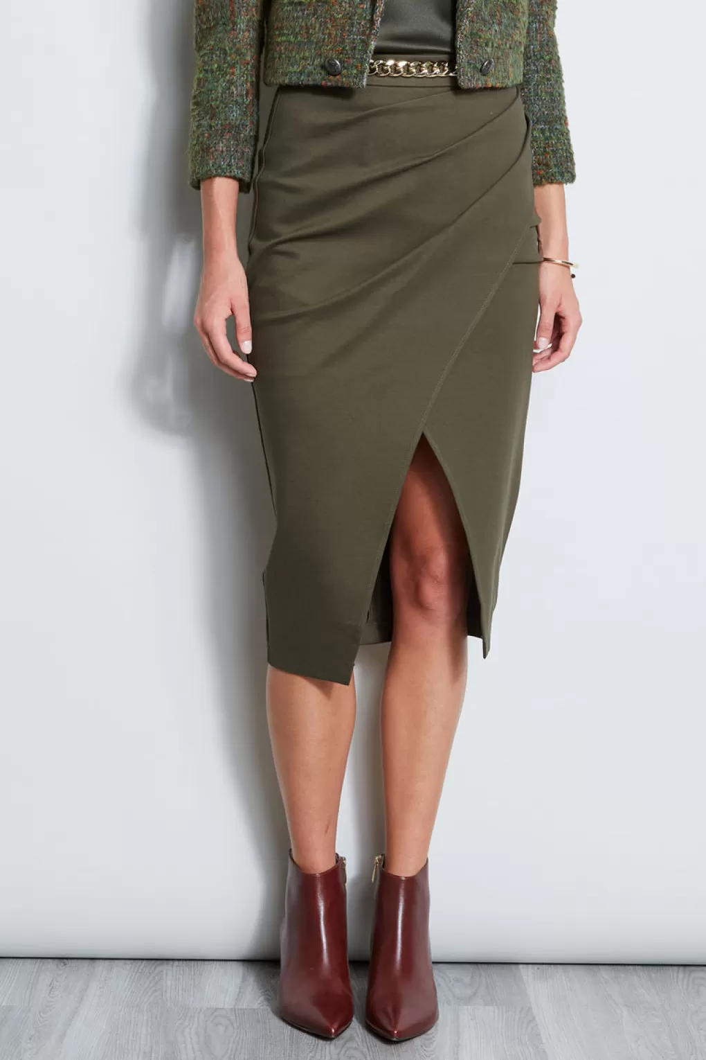 New Elie Tahari Midi Knit Wrap Skirt OLIVE