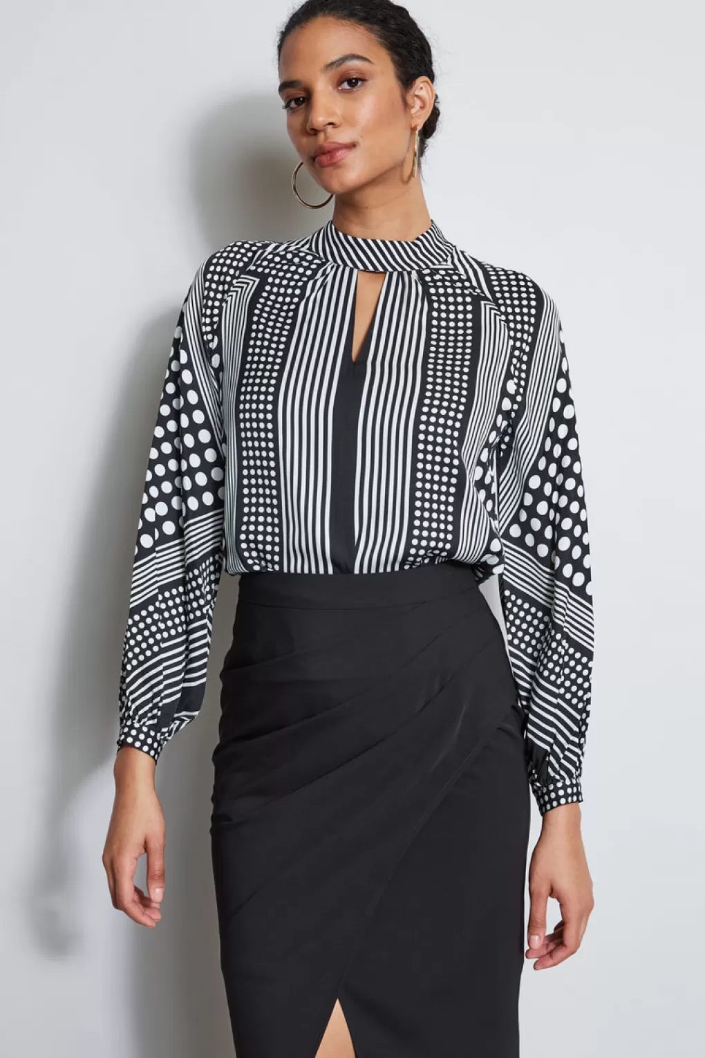 New Elie Tahari Mixed Dot Print Silk Shirt NOIR AND WHITE DOT PRINT