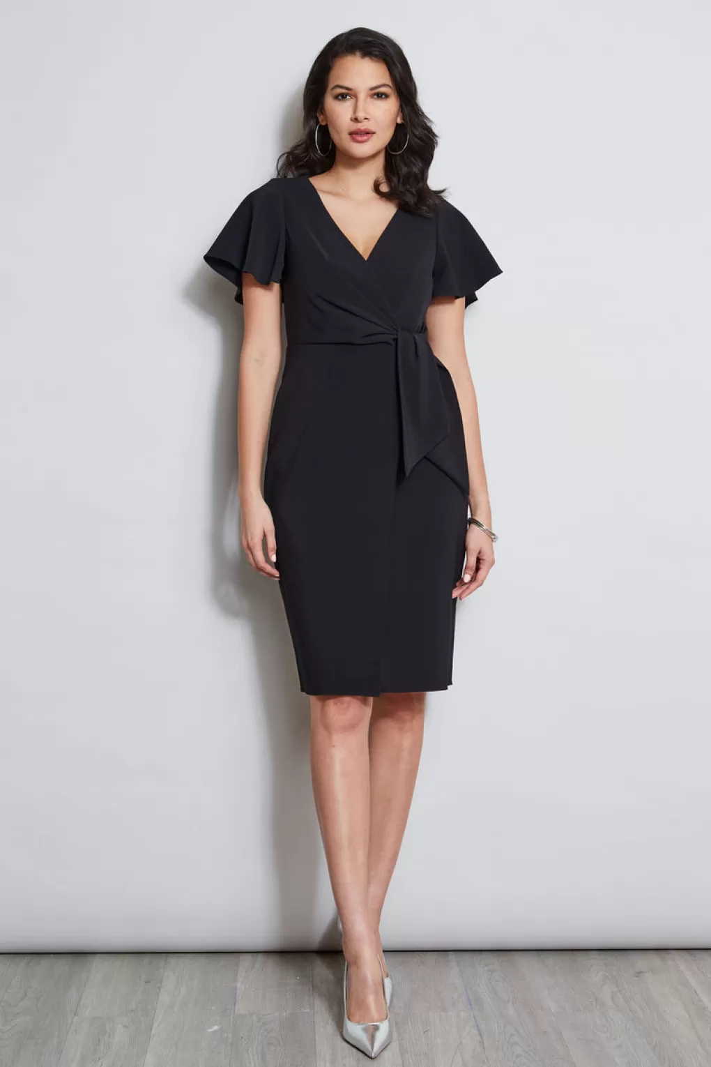 Store Elie Tahari Mock Wrap Flutter Sleeve Dress BLACK