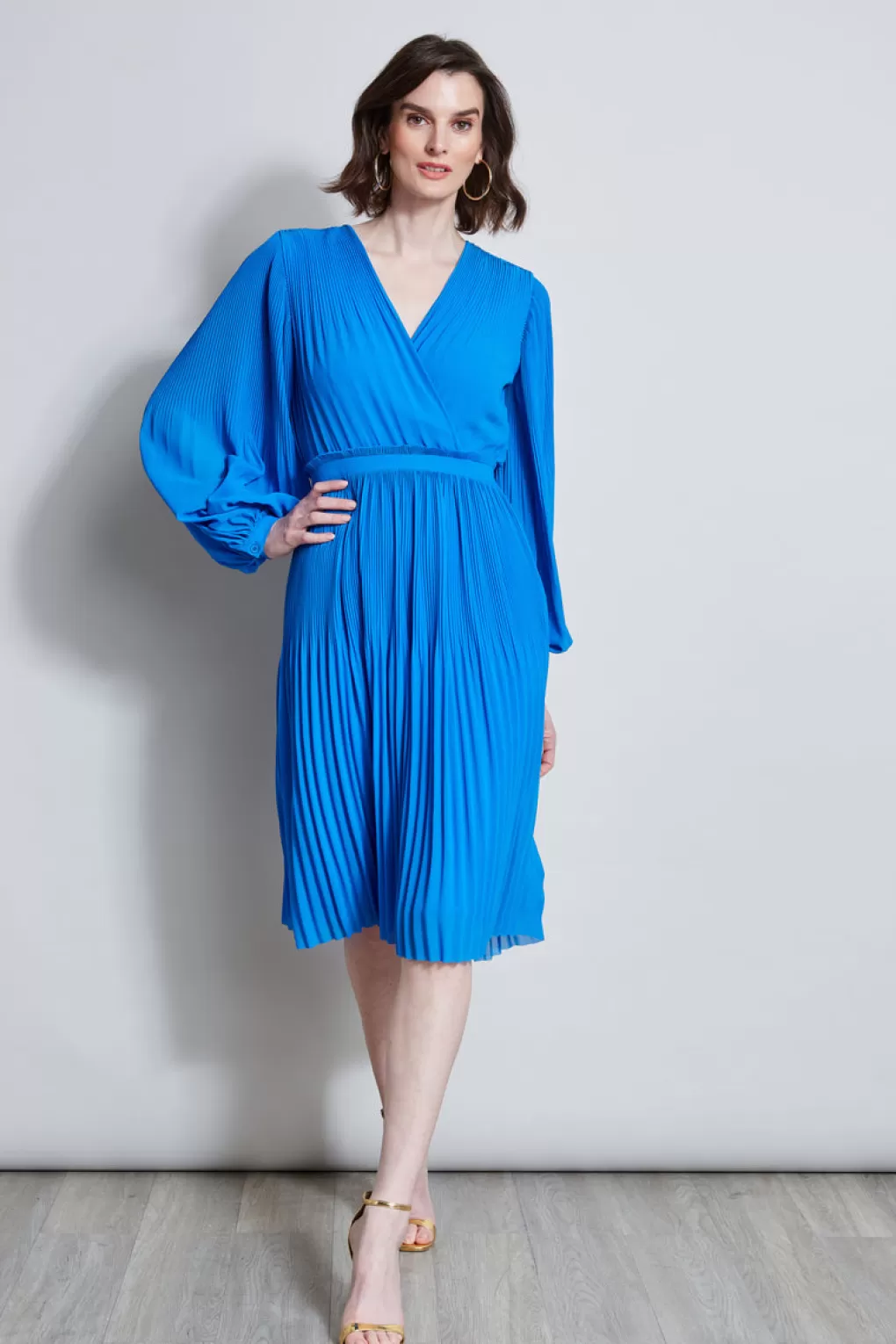 New Elie Tahari Mock Wrap Pleated Dress BLUE IVY