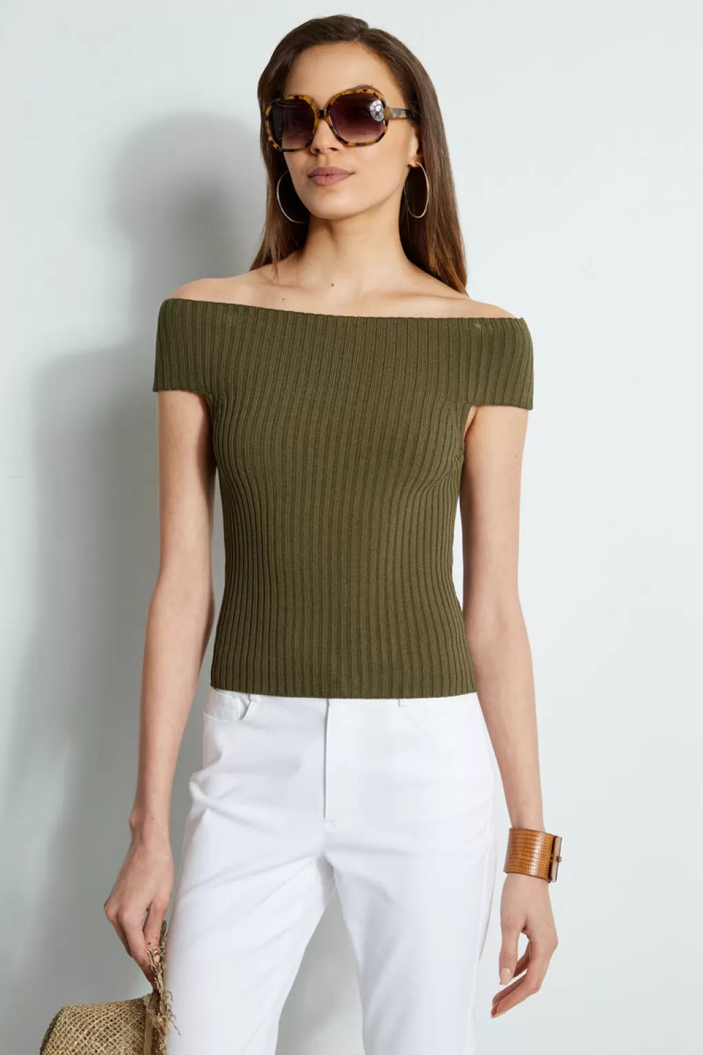 Cheap Elie Tahari Off Shoulder Rib Sweater TUSCAN OLIVE