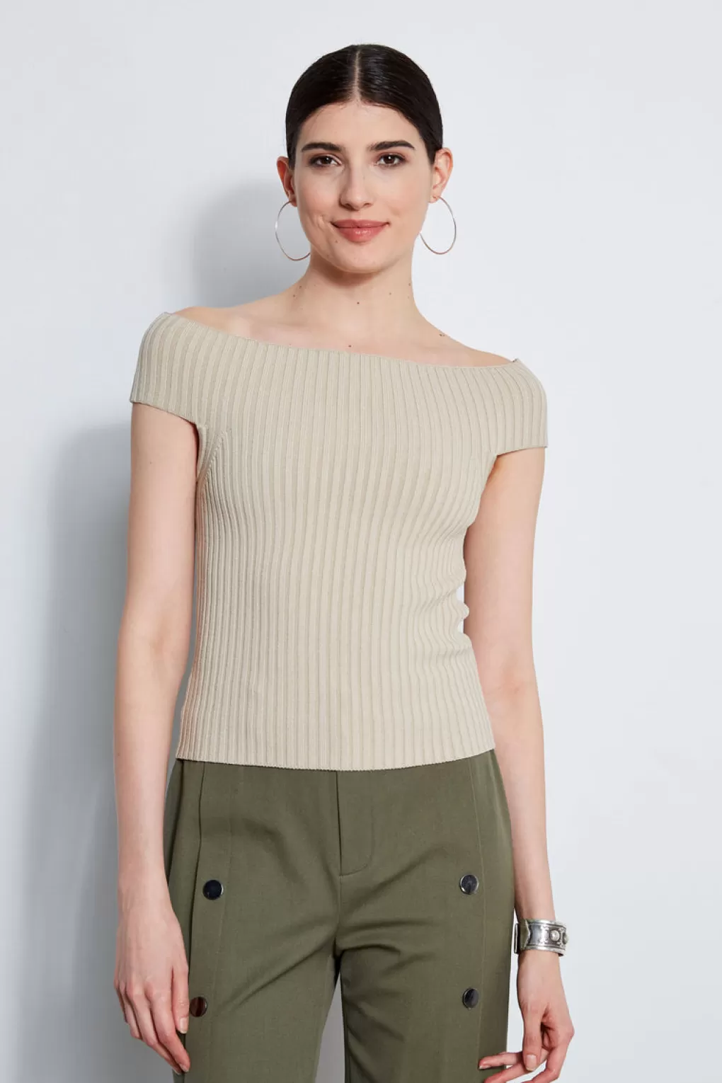 Cheap Elie Tahari Off Shoulder Rib Sweater SAND