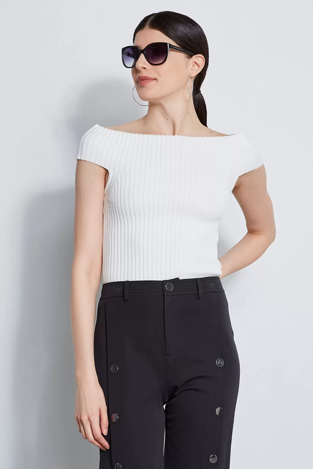 Discount Elie Tahari Off Shoulder Rib Sweater WHITE