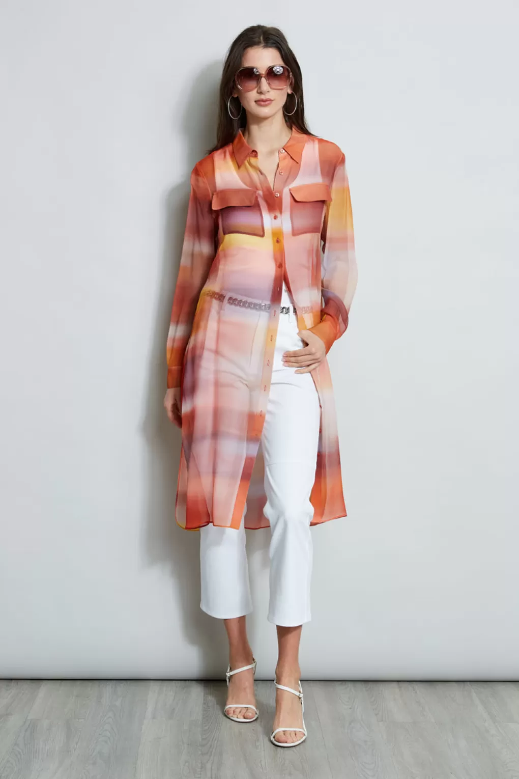 New Elie Tahari Ombre Silk Chiffon Maxi Shirt GINGER MULTI