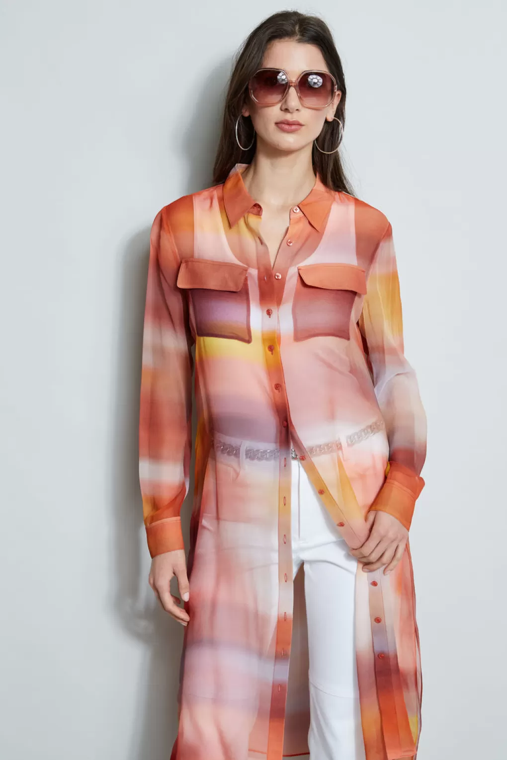 New Elie Tahari Ombre Silk Chiffon Maxi Shirt GINGER MULTI