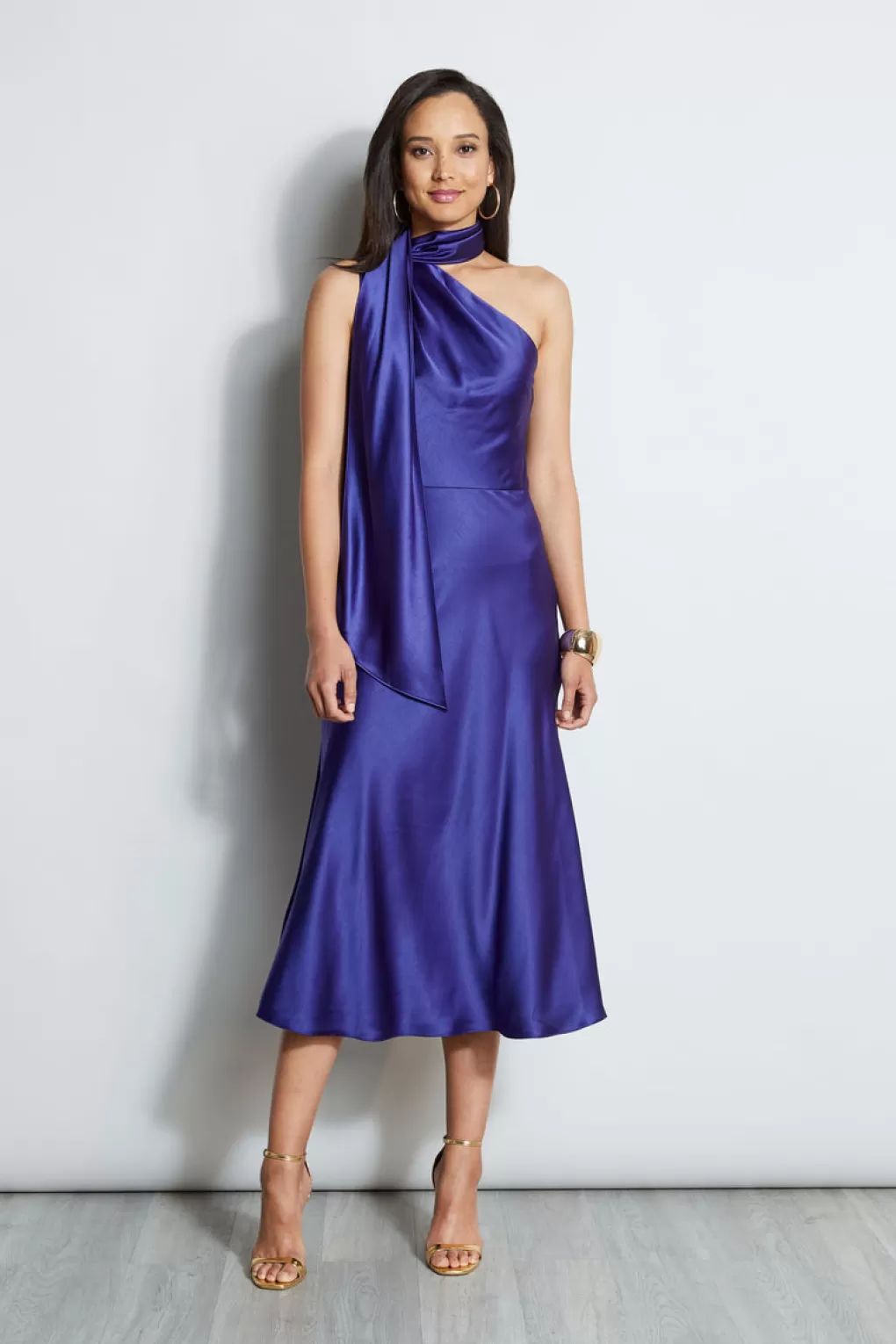 Discount Elie Tahari One Shoulder Satin Scarf Dress PLUM