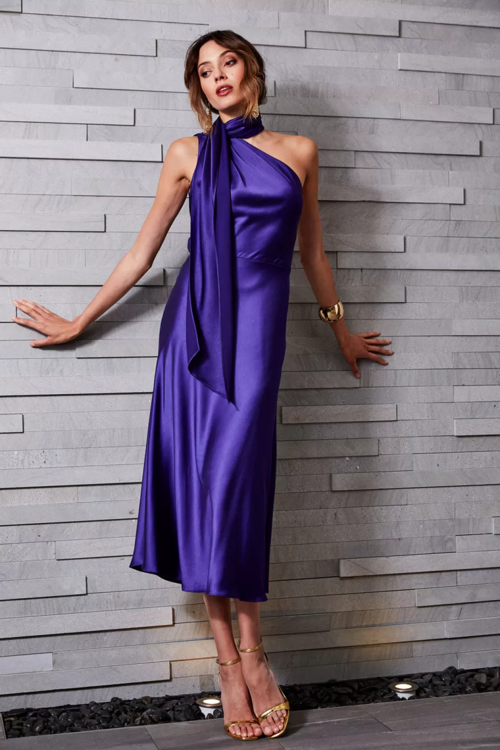 Discount Elie Tahari One Shoulder Satin Scarf Dress PLUM