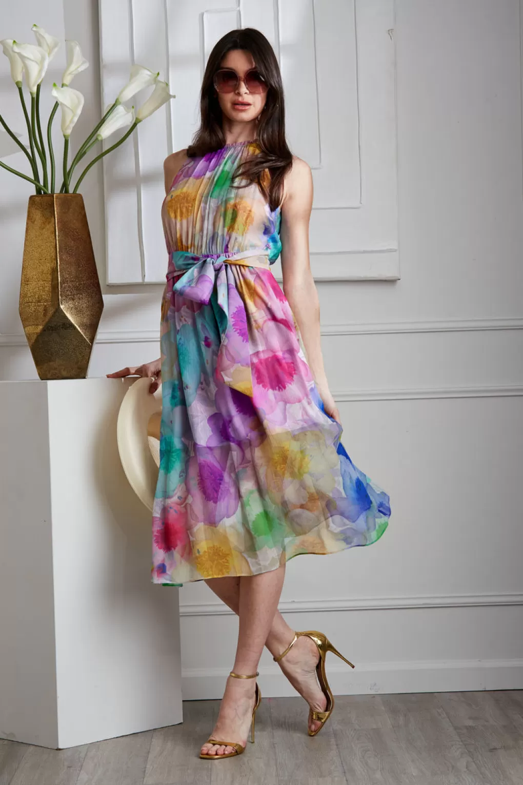 Hot Elie Tahari Pigment Floral Silk Chiffon Halter Dress MULTI