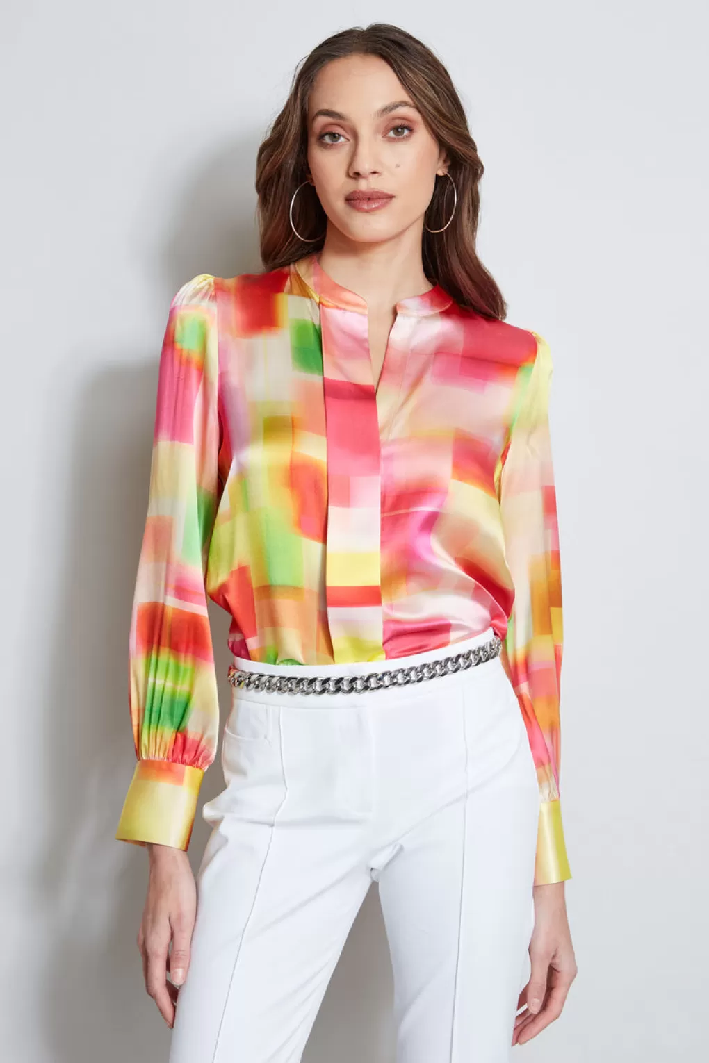 Clearance Elie Tahari Pigment Plaid Silk Shirt MULTI