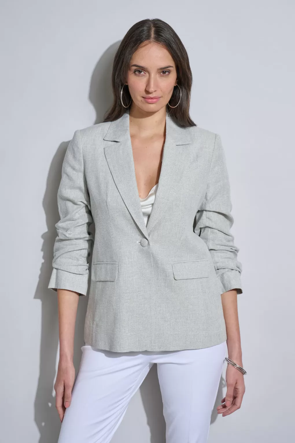 Hot Elie Tahari Plaid Ruched Sleeve Linen Blazer NEUTRAL COMBO